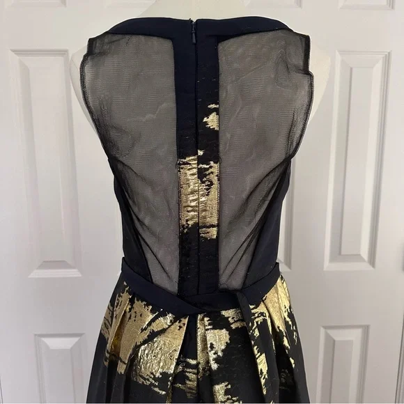 Alberto Makali Elegant Navy Gold V-Neck Sheer Back Wedding Guest Dress Size 6 - Picture 5 of 15